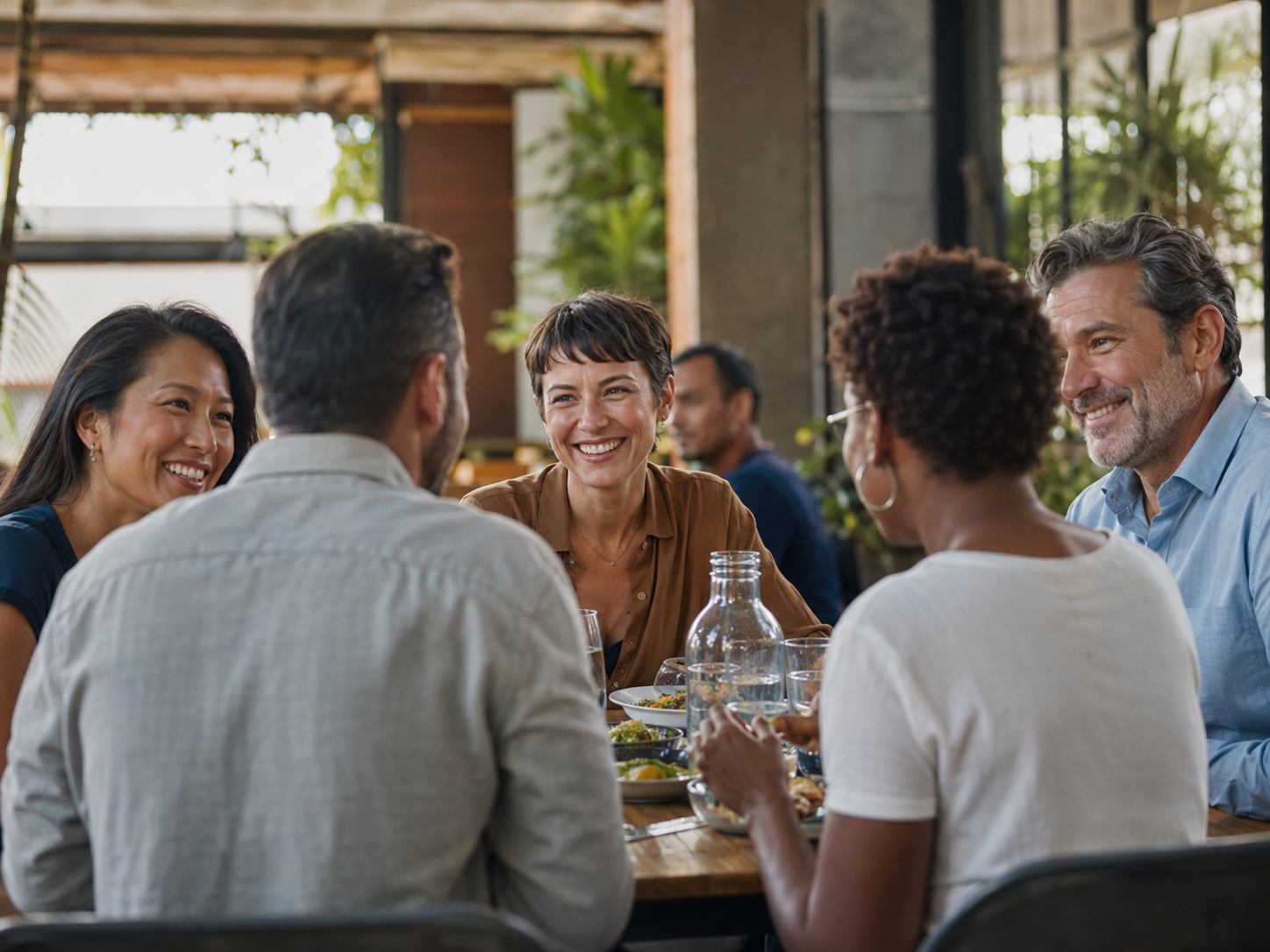 Adults sharing lunch after a small networking event