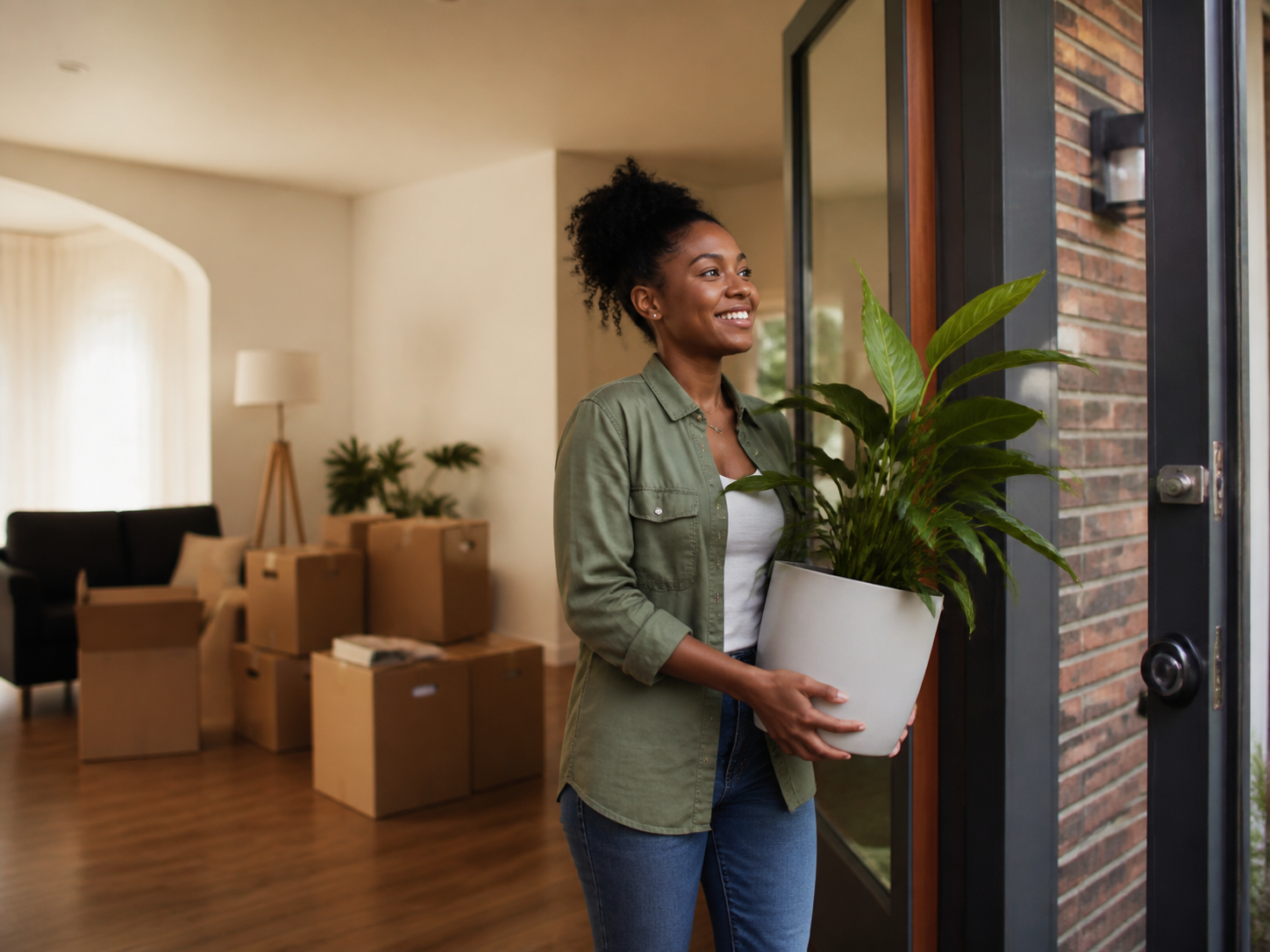 Adult carrying a plant into a new home with boxes in background