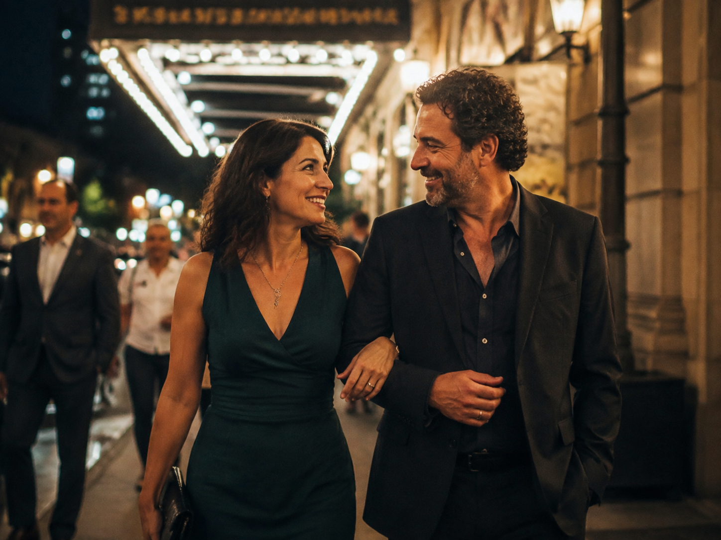 Adults walking along a well-lit entertainment district sidewalk