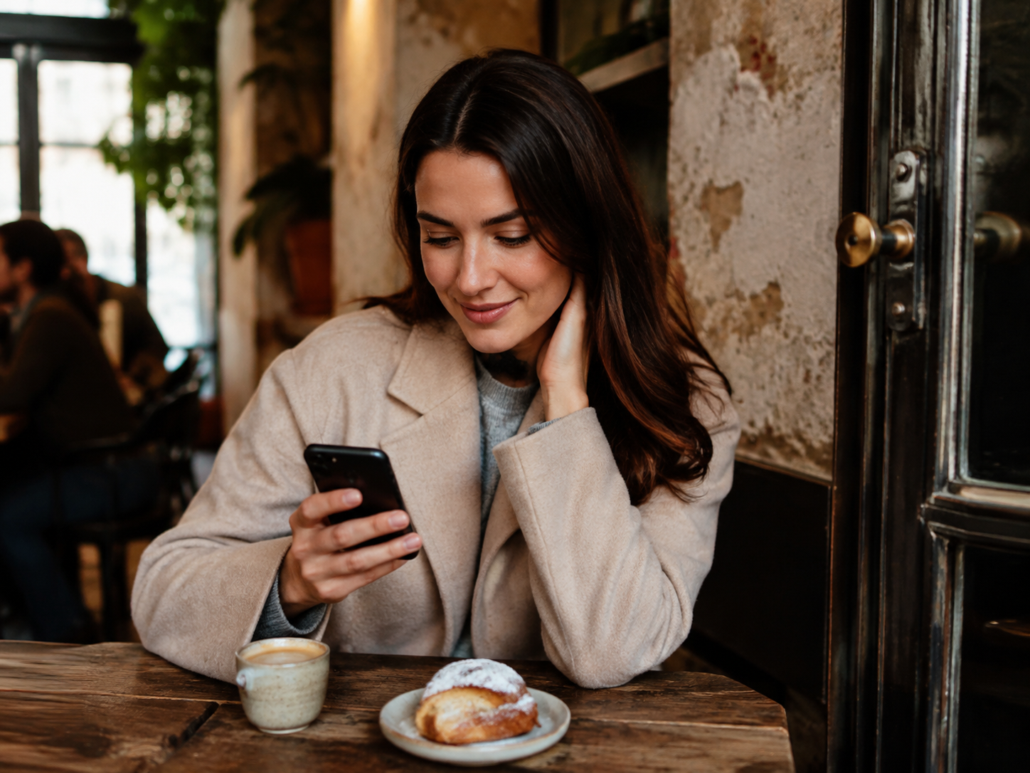 Adult checking a message at a café before heading out
