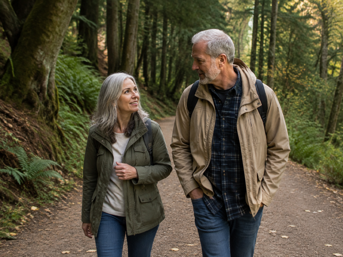 Adults walking a broad wooded public trail