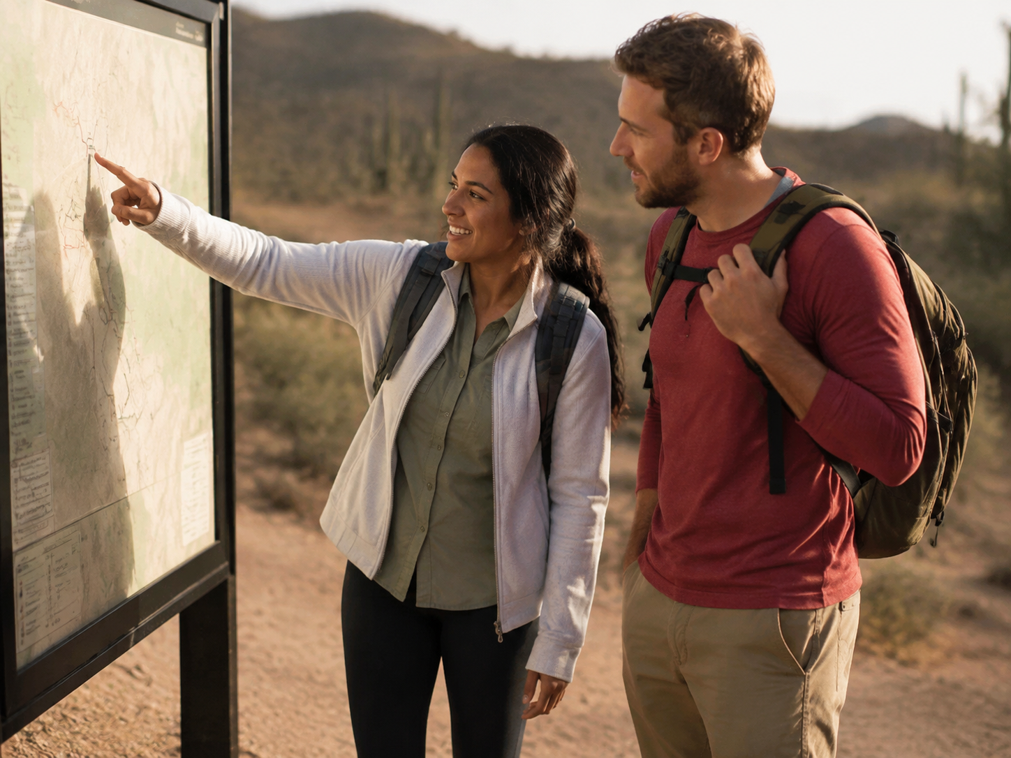 Adults meeting beside a park information board