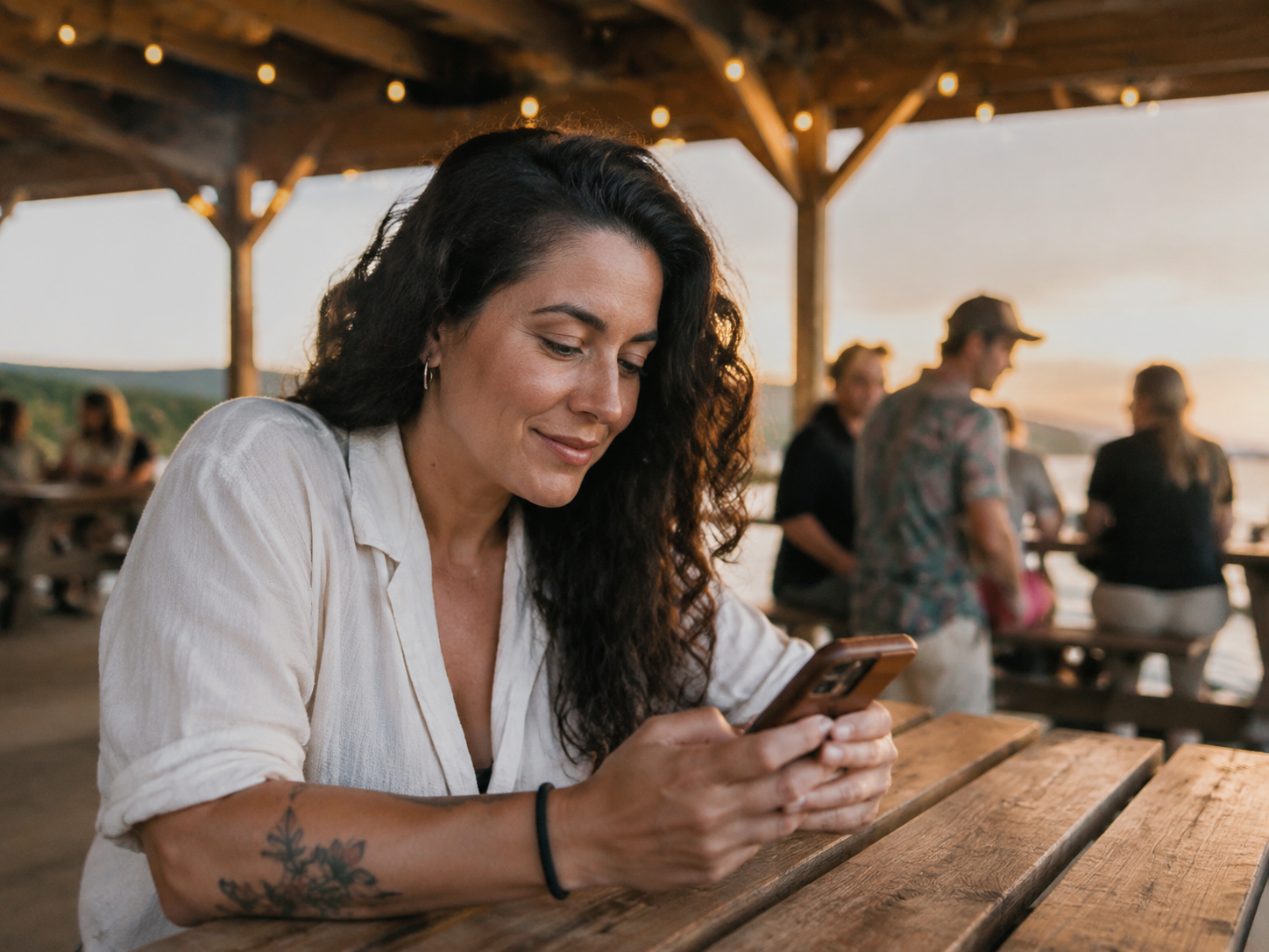 Adult sending a message at a picnic shelter