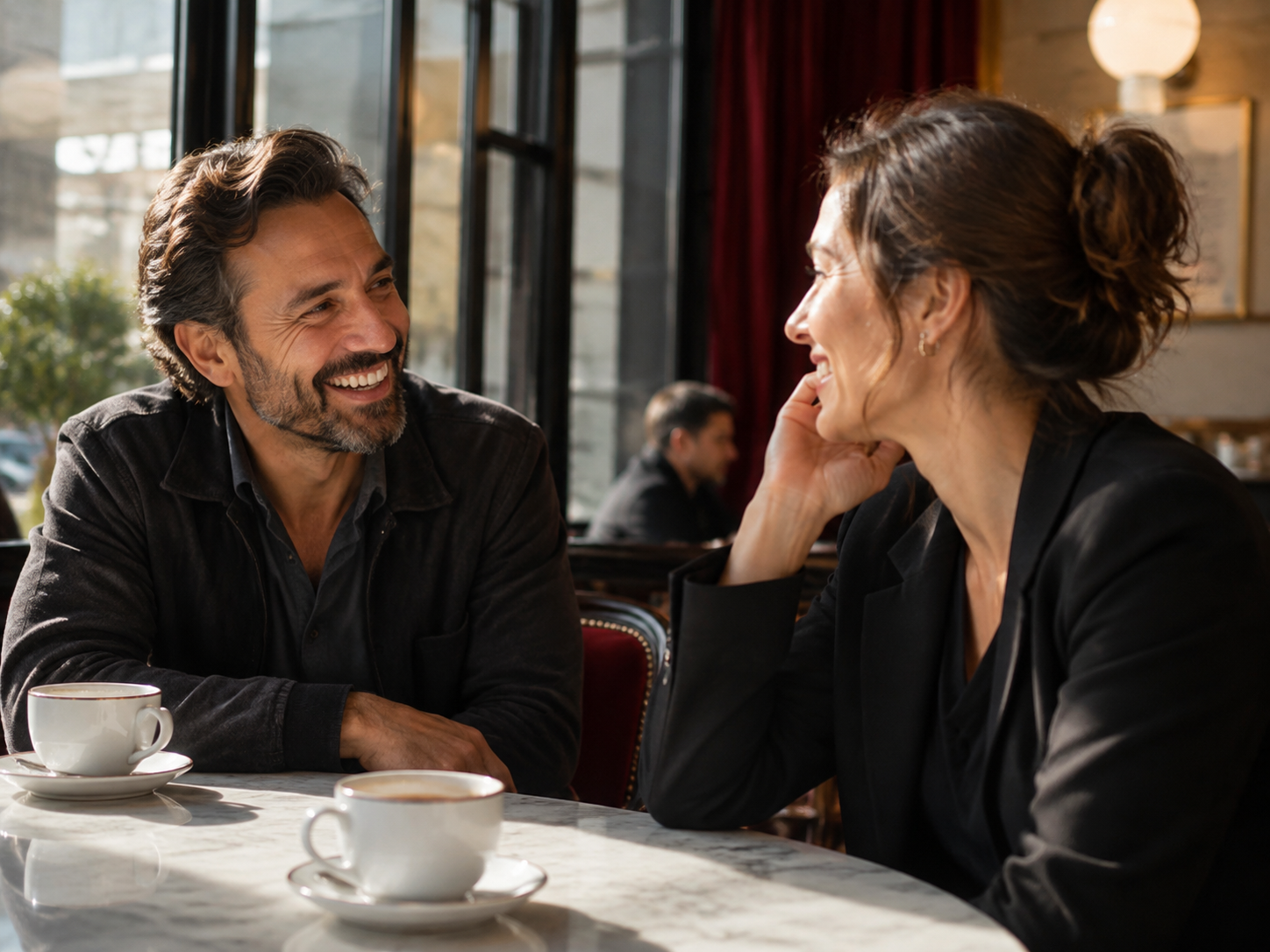 Adults sharing coffee at a bright public café with no children in frame