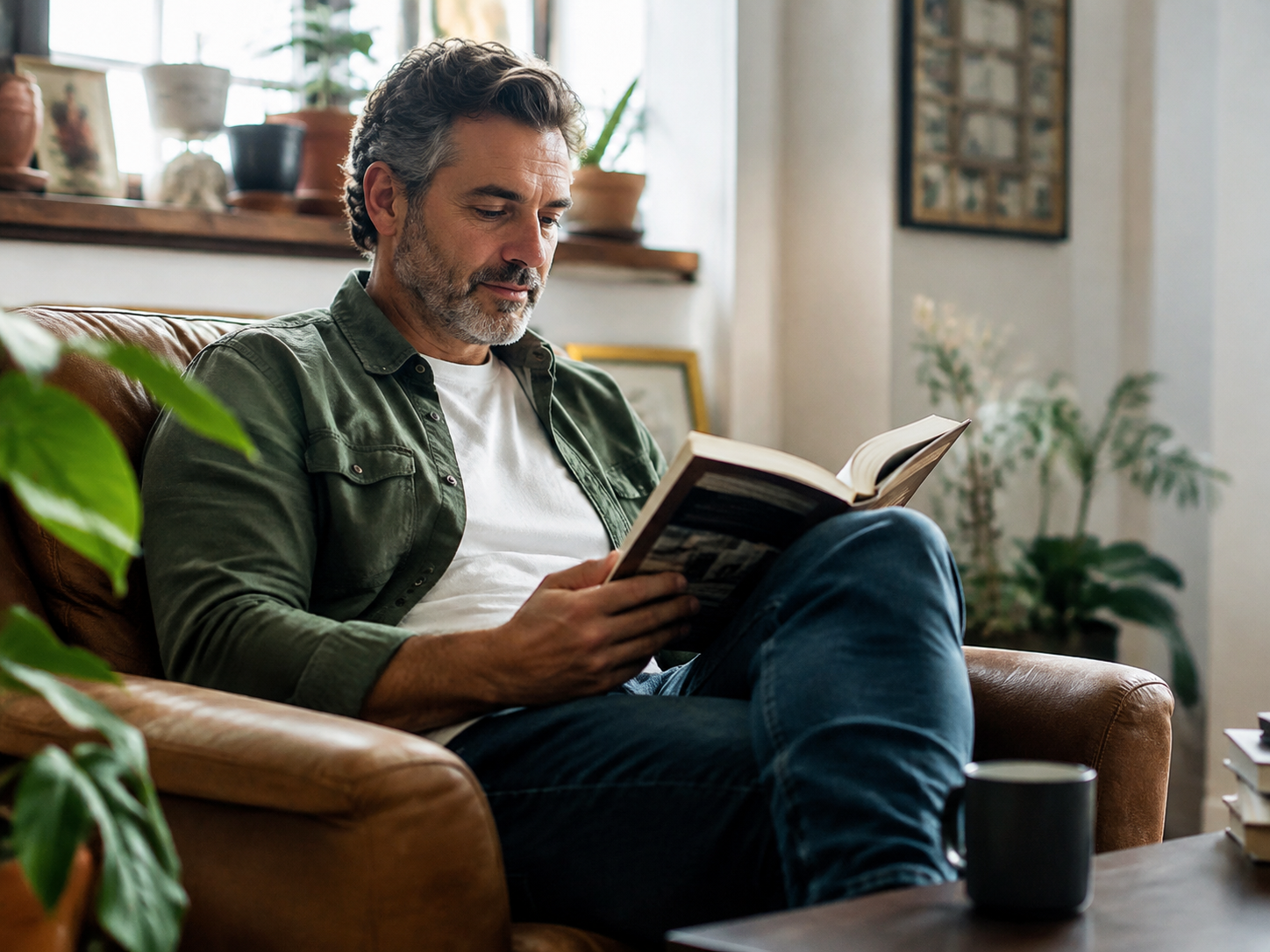 Adult reading a hobby book during a quiet break