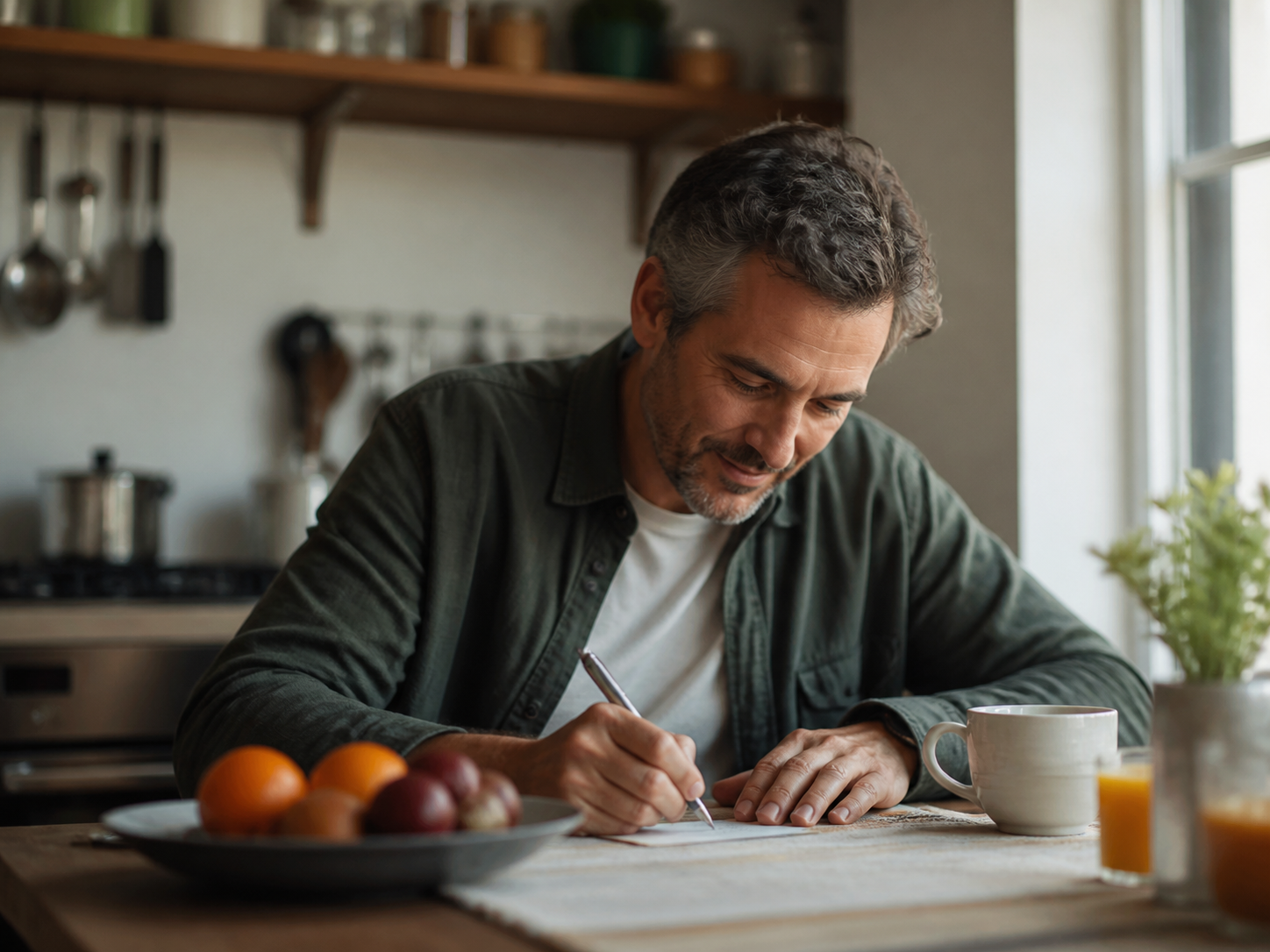 Adult writing a message at a kitchen table with generic family objects