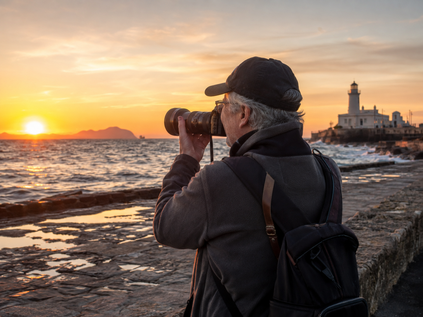 Adults photographing a public waterfront at sunrise