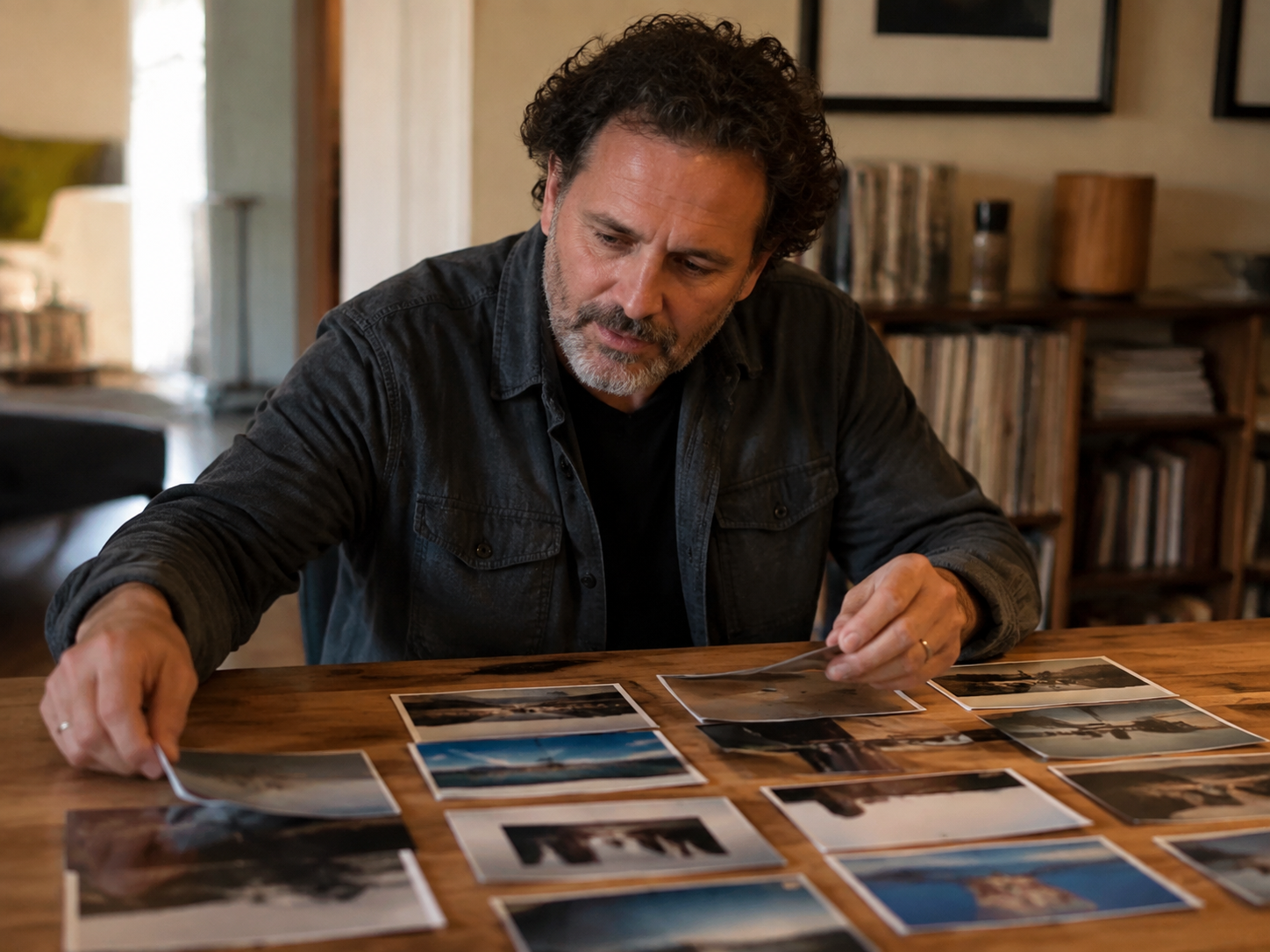 Adult arranging printed photographs on a table