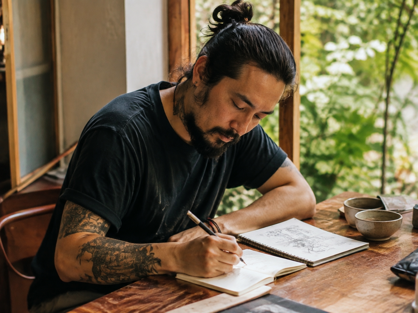 Adult writing a message beside a sketchbook
