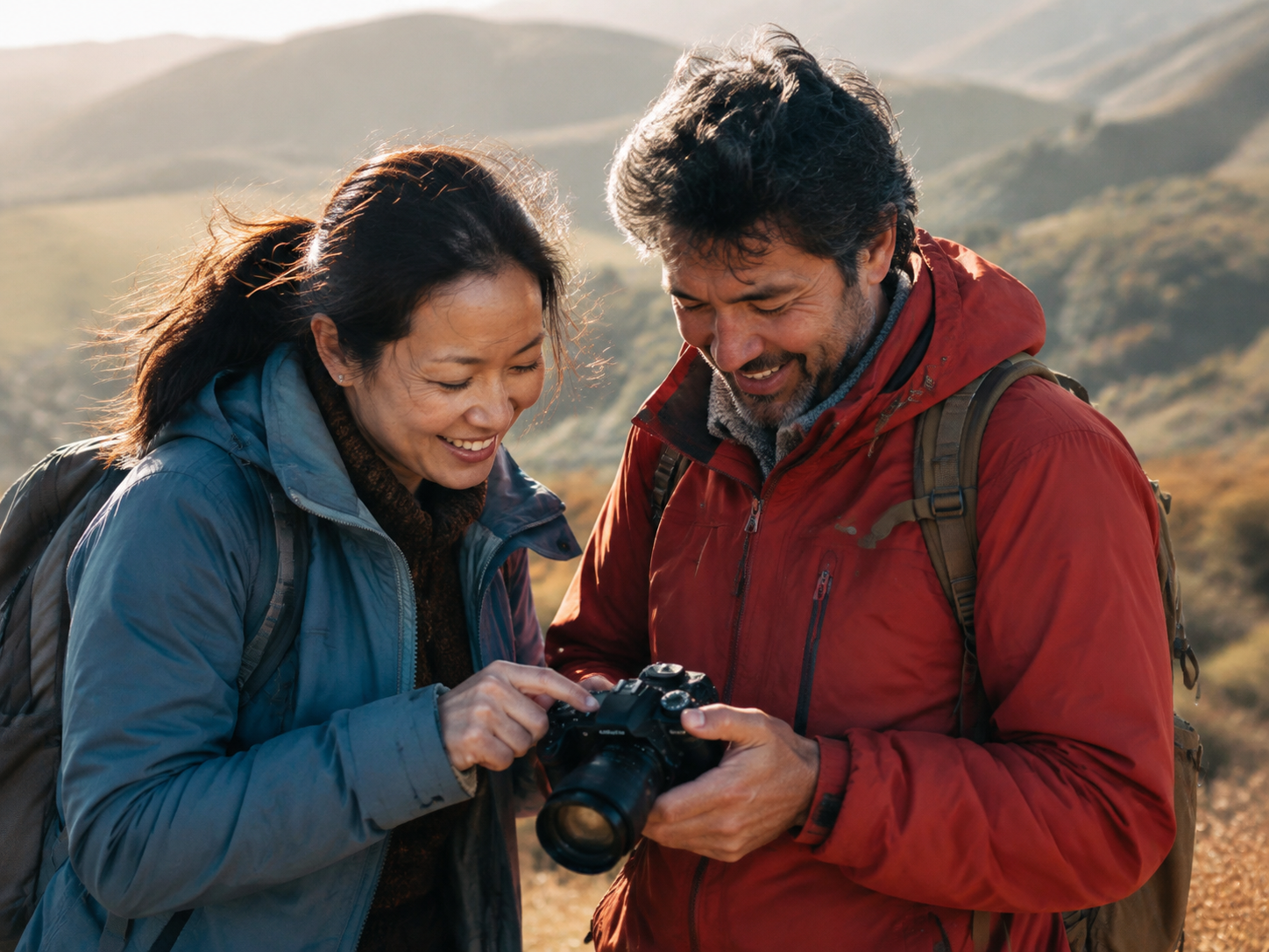 Adults comparing landscape photos after a walk