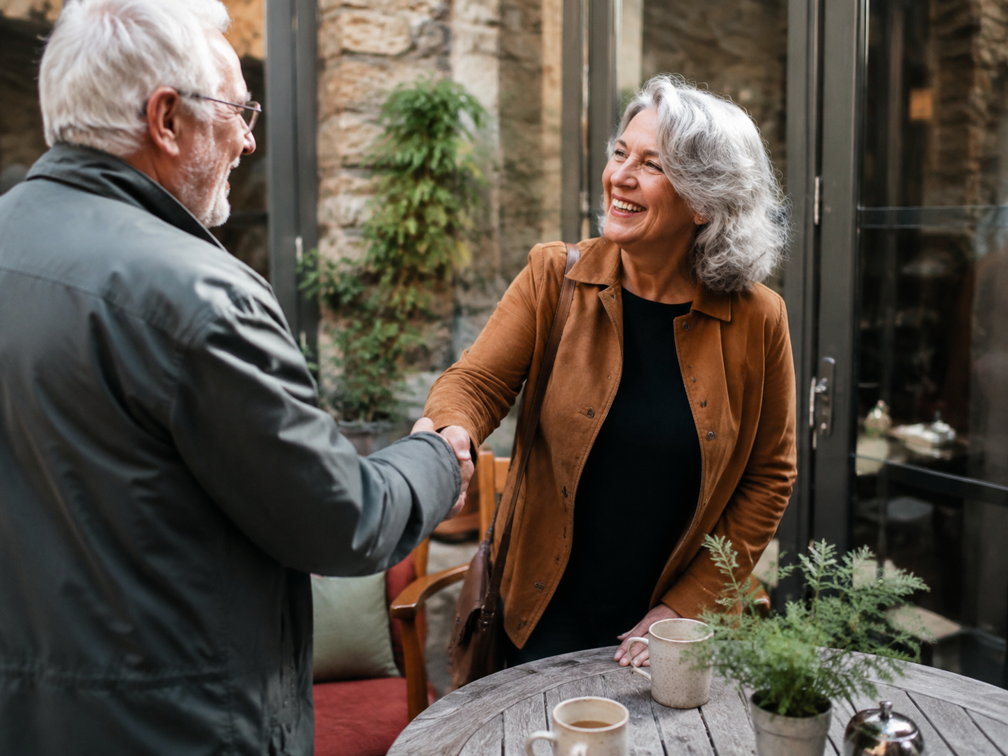 Older adults greeting at an outdoor café