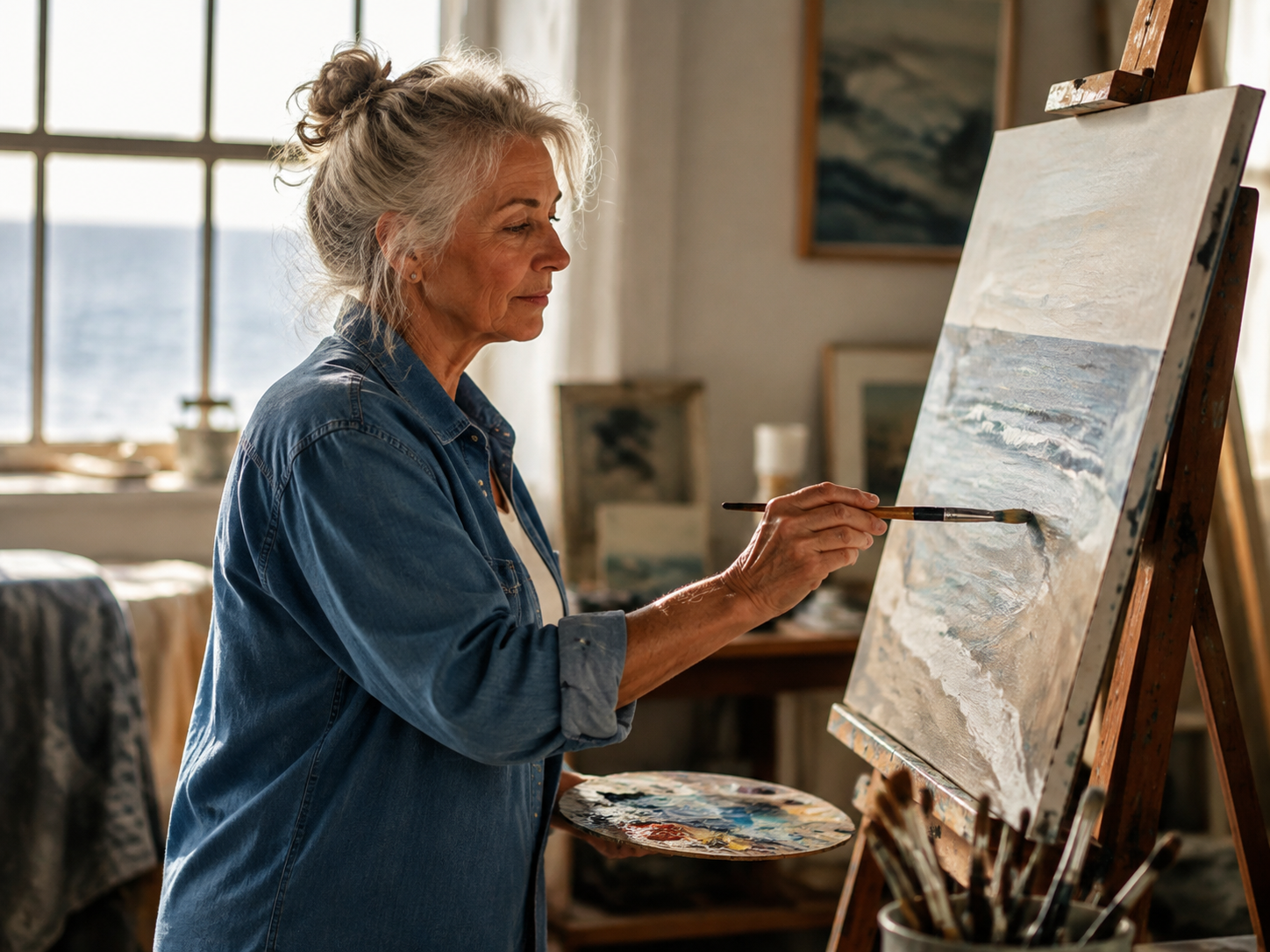 Older adult painting at a sunlit easel