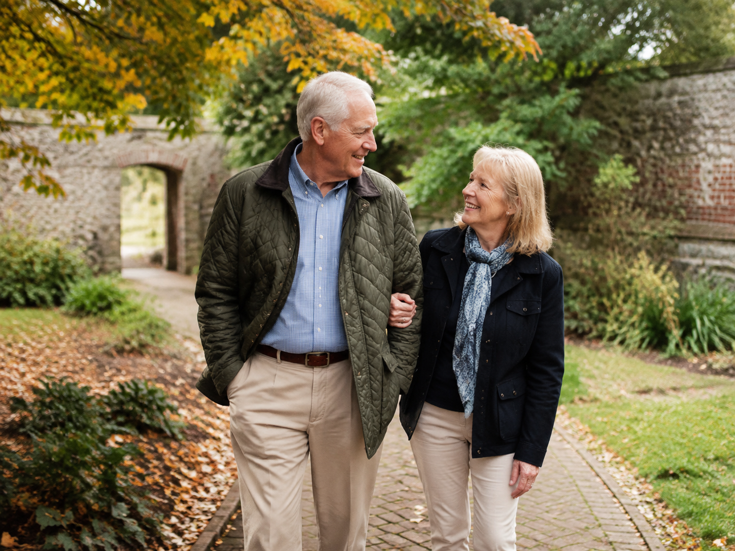 Older adults strolling an accessible garden path
