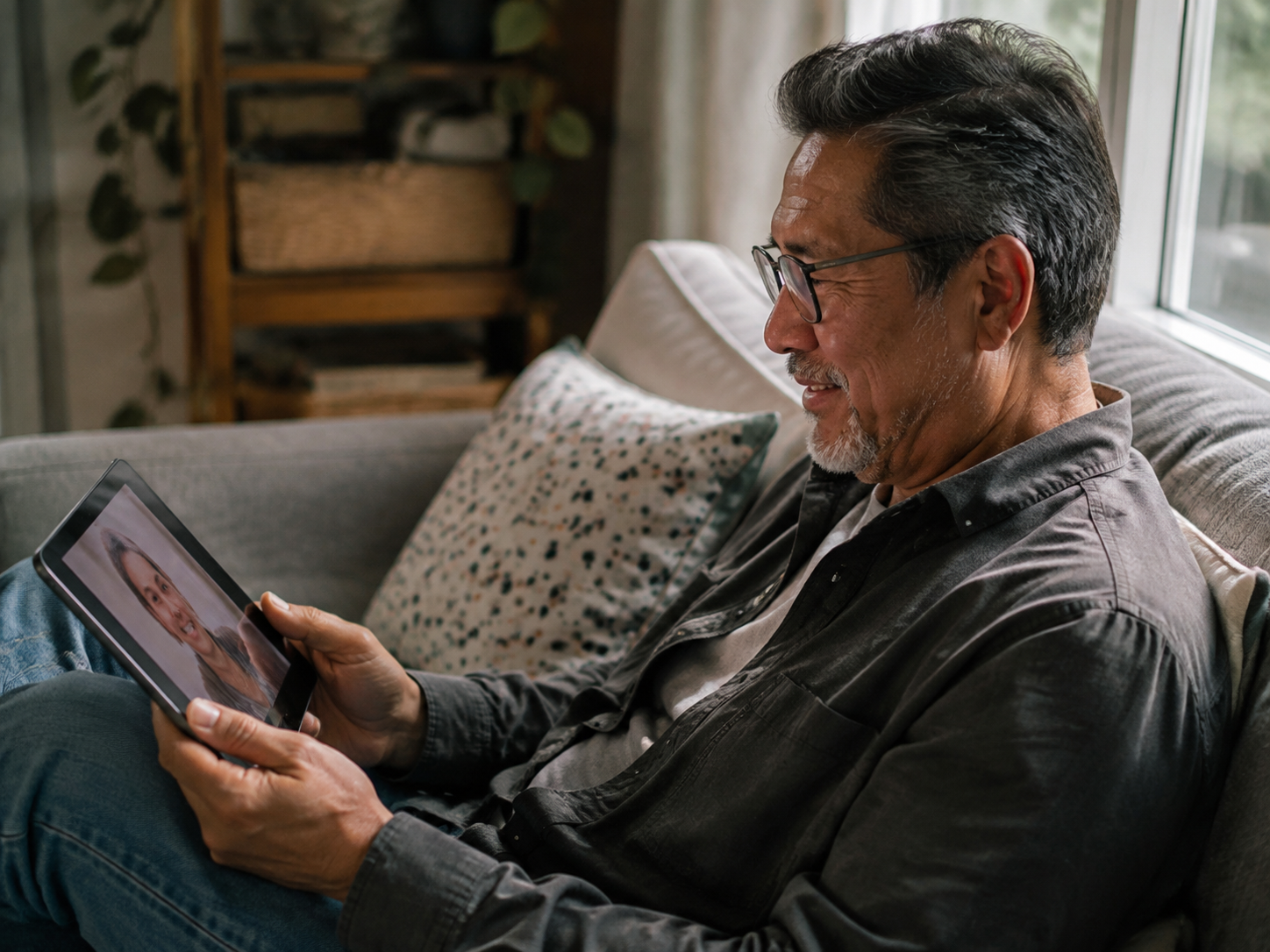 Older adult viewing photos on a tablet beside a window