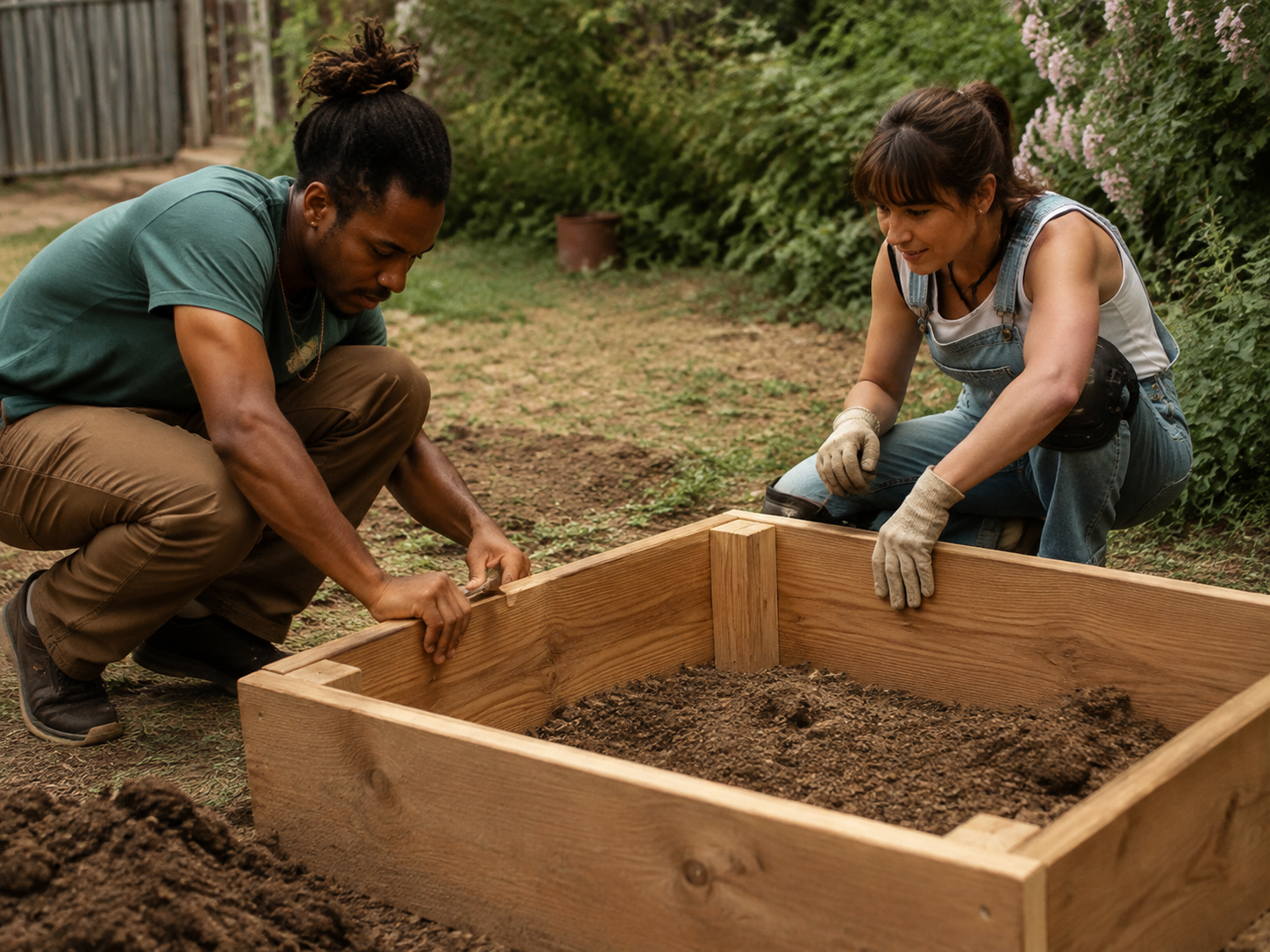 Adults helping one another assemble a garden planter