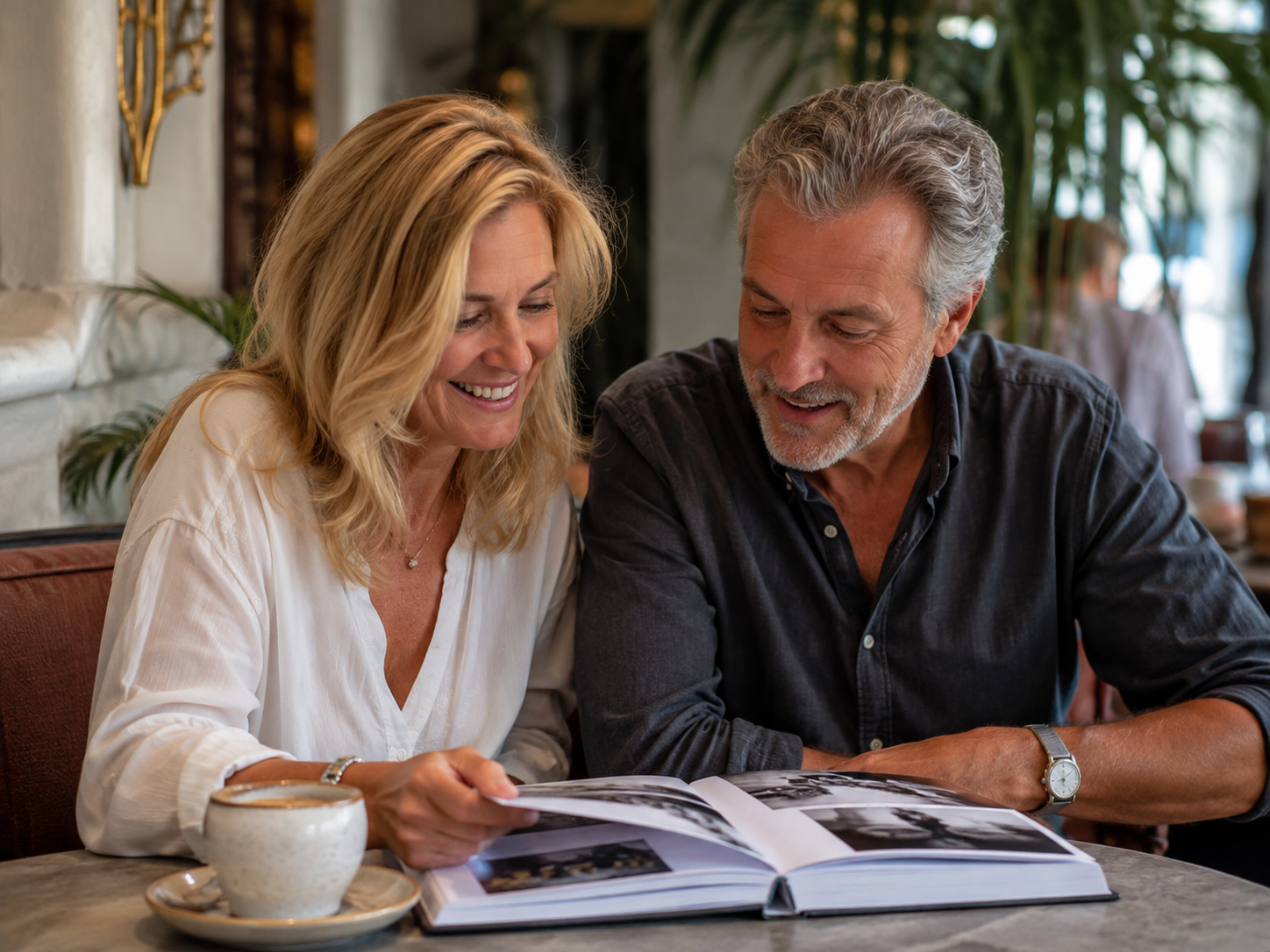 Adult couple sharing a family photo album at a café