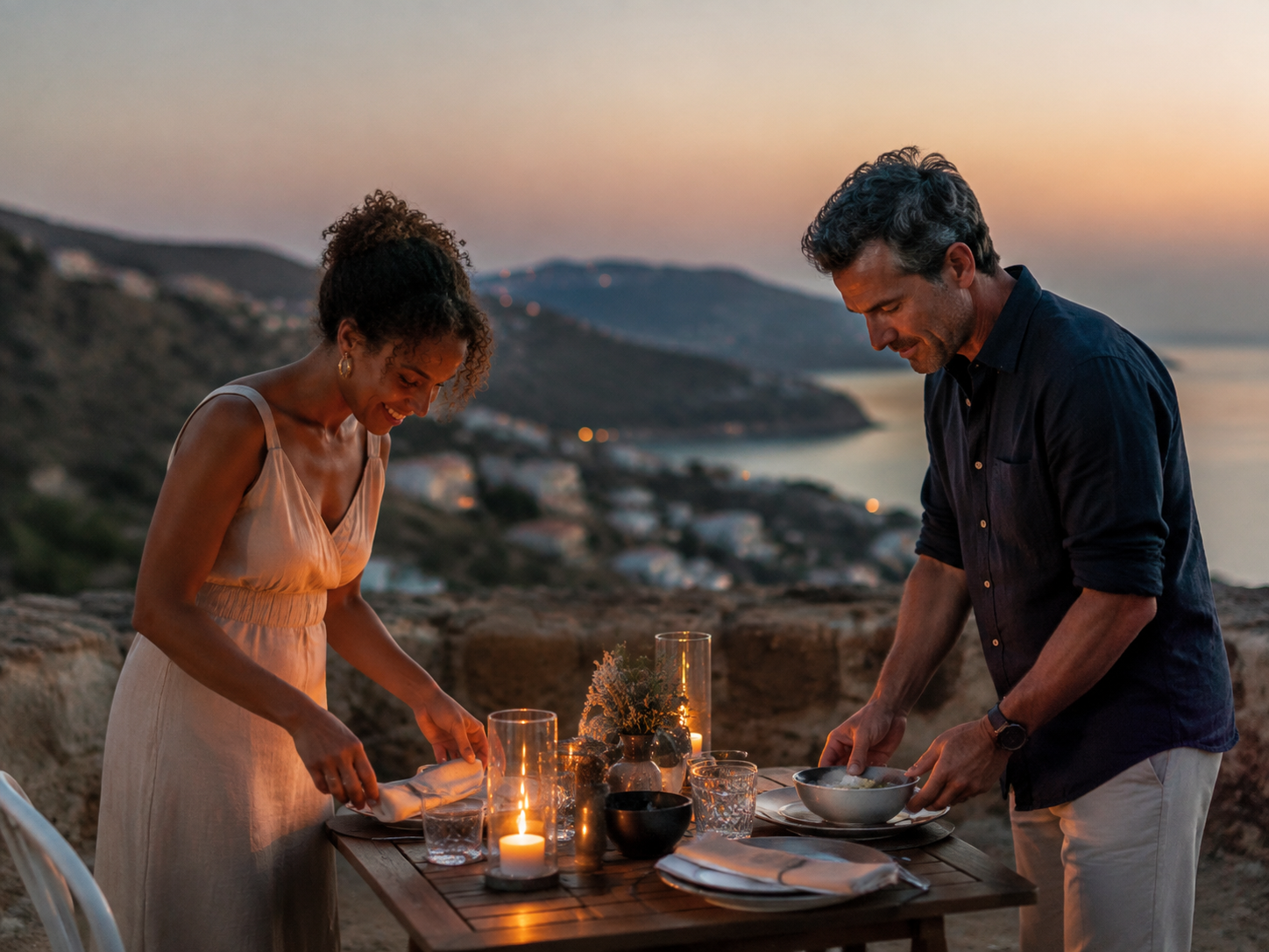 Adults setting a small dinner table together at dusk