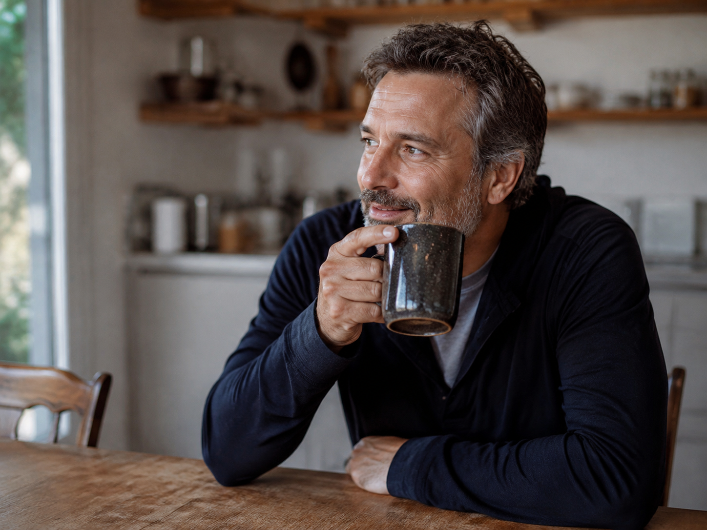 Adult relaxing with coffee after a morning walk