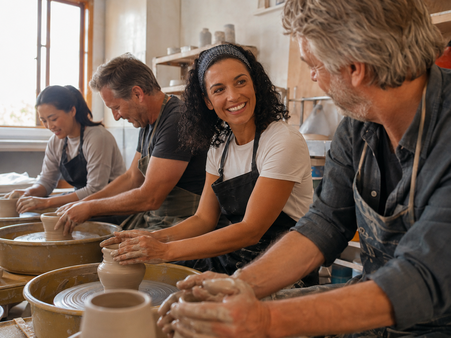 Adult learning pottery in a small class