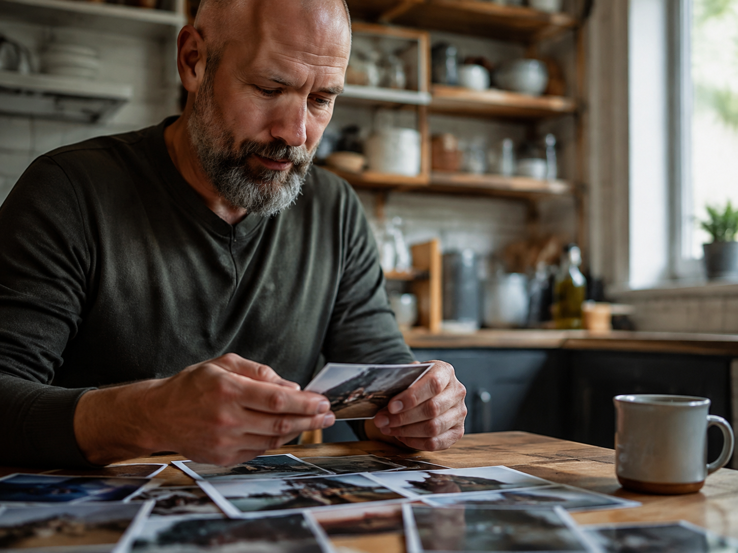 Adult thoughtfully selecting a photograph at a kitchen table