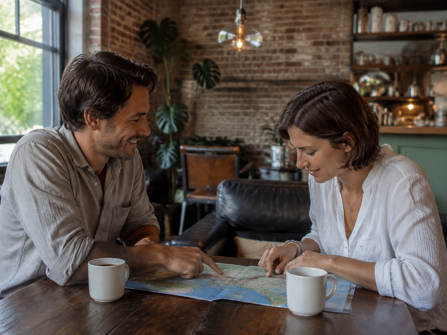 Adults discussing a travel map over coffee
