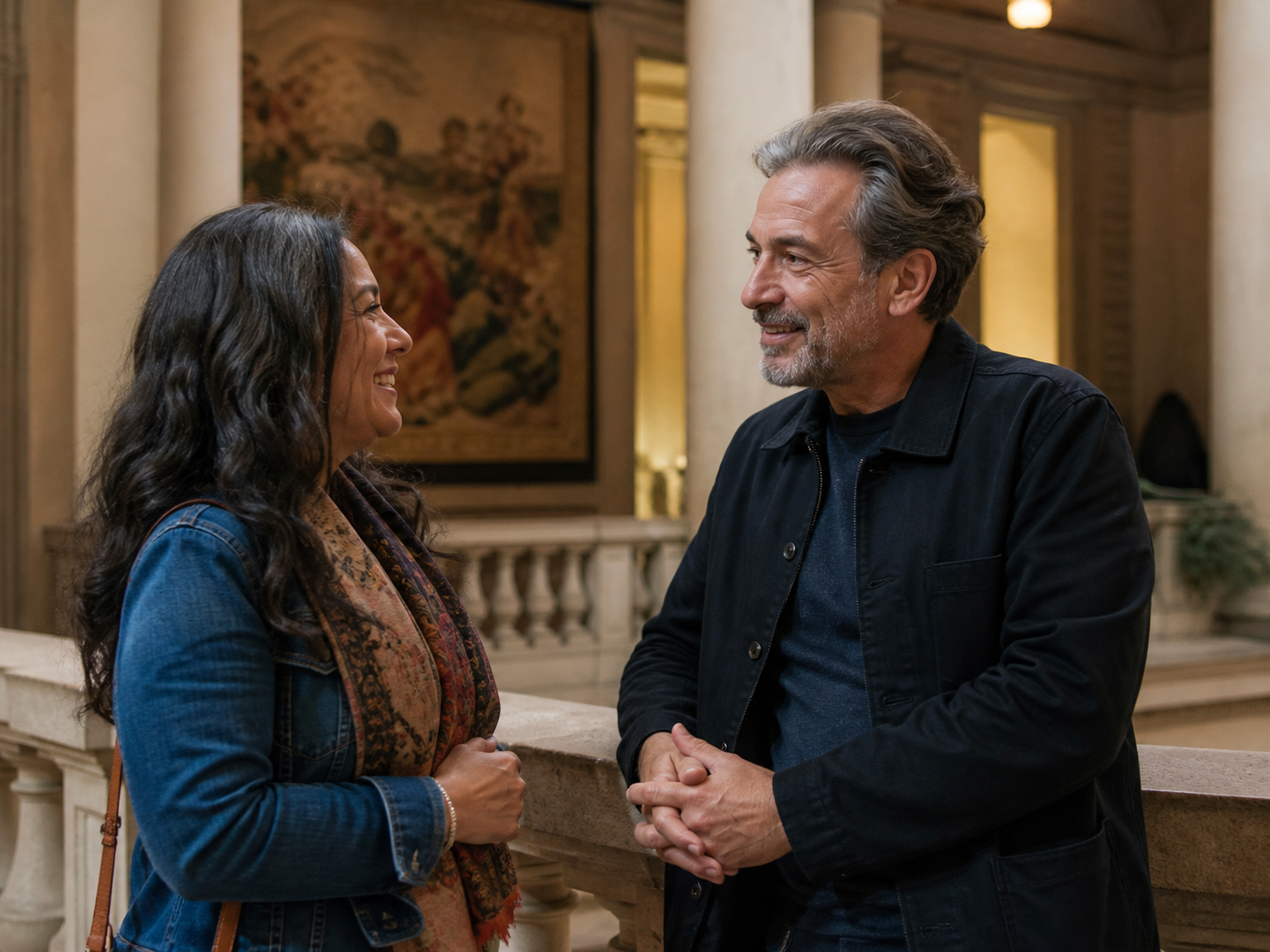 Adults meeting at a public museum before a day trip