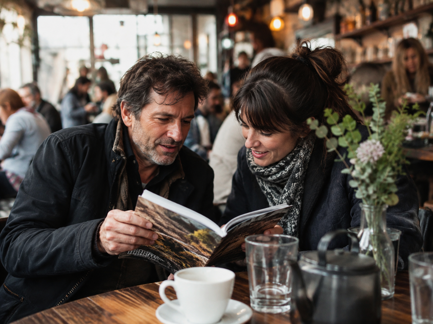 Adults comparing a guidebook in a busy café
