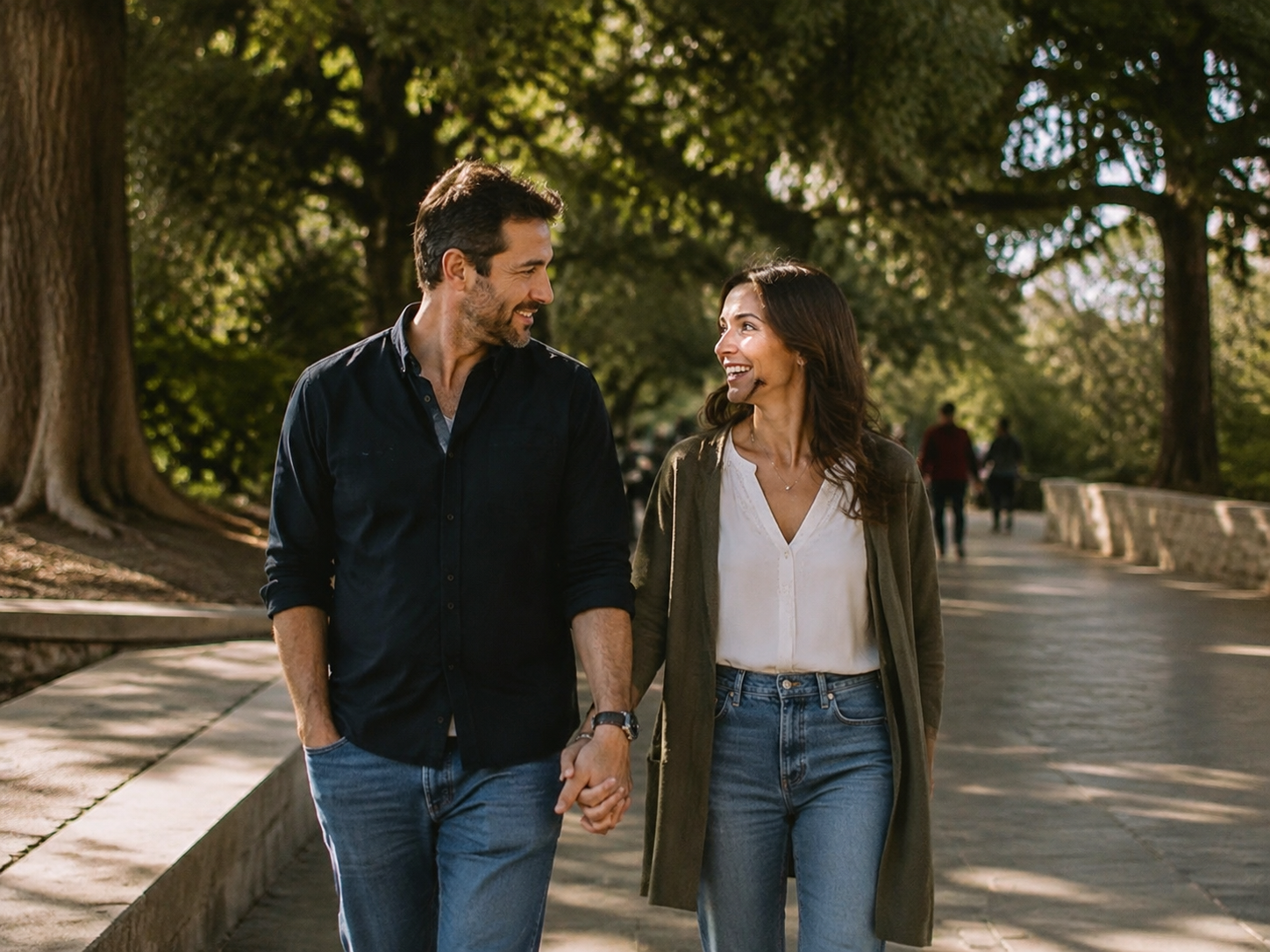 Adults walking side by side on a broad shaded path
