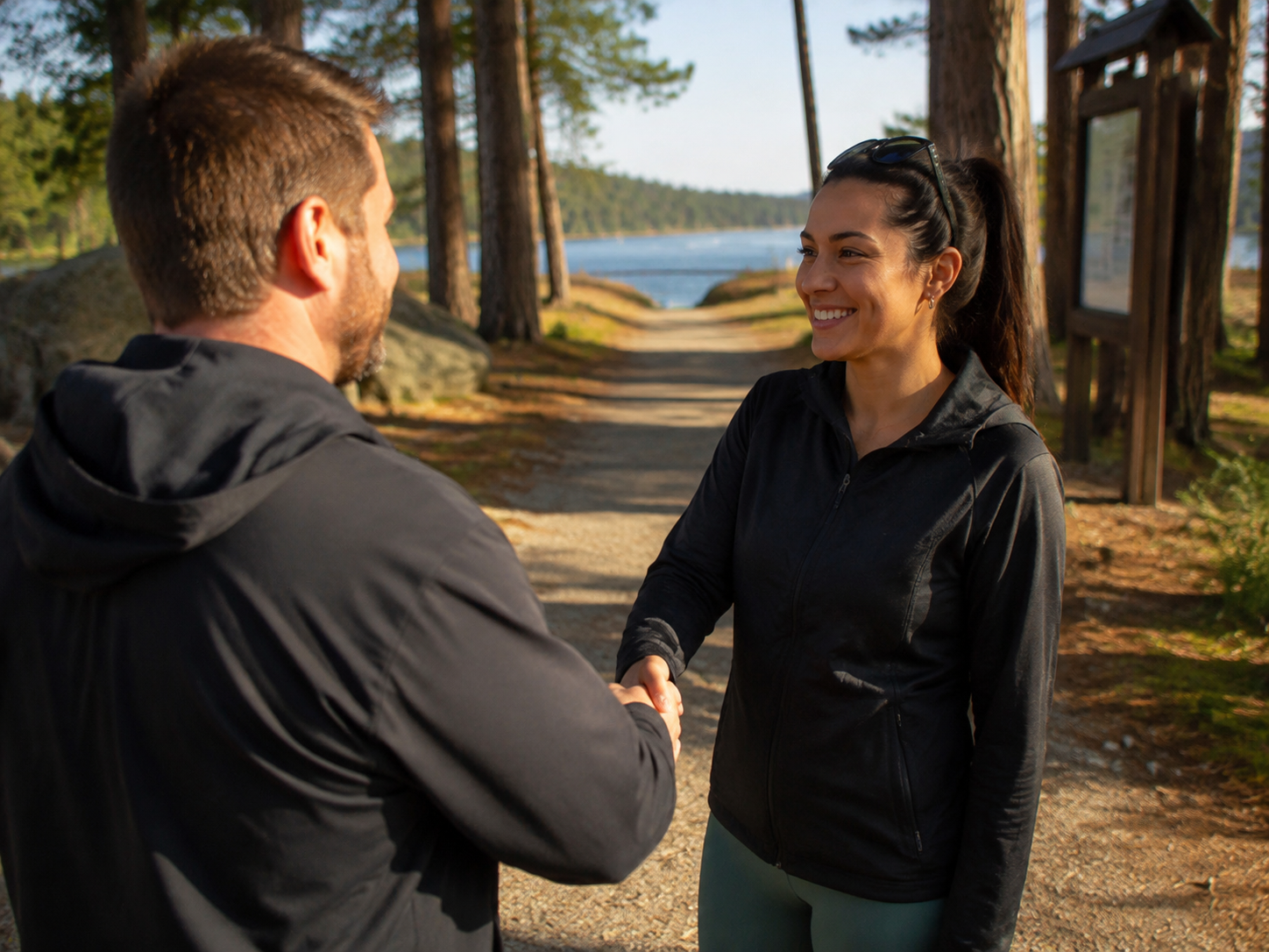 Adults greeting near a public lake trail entrance