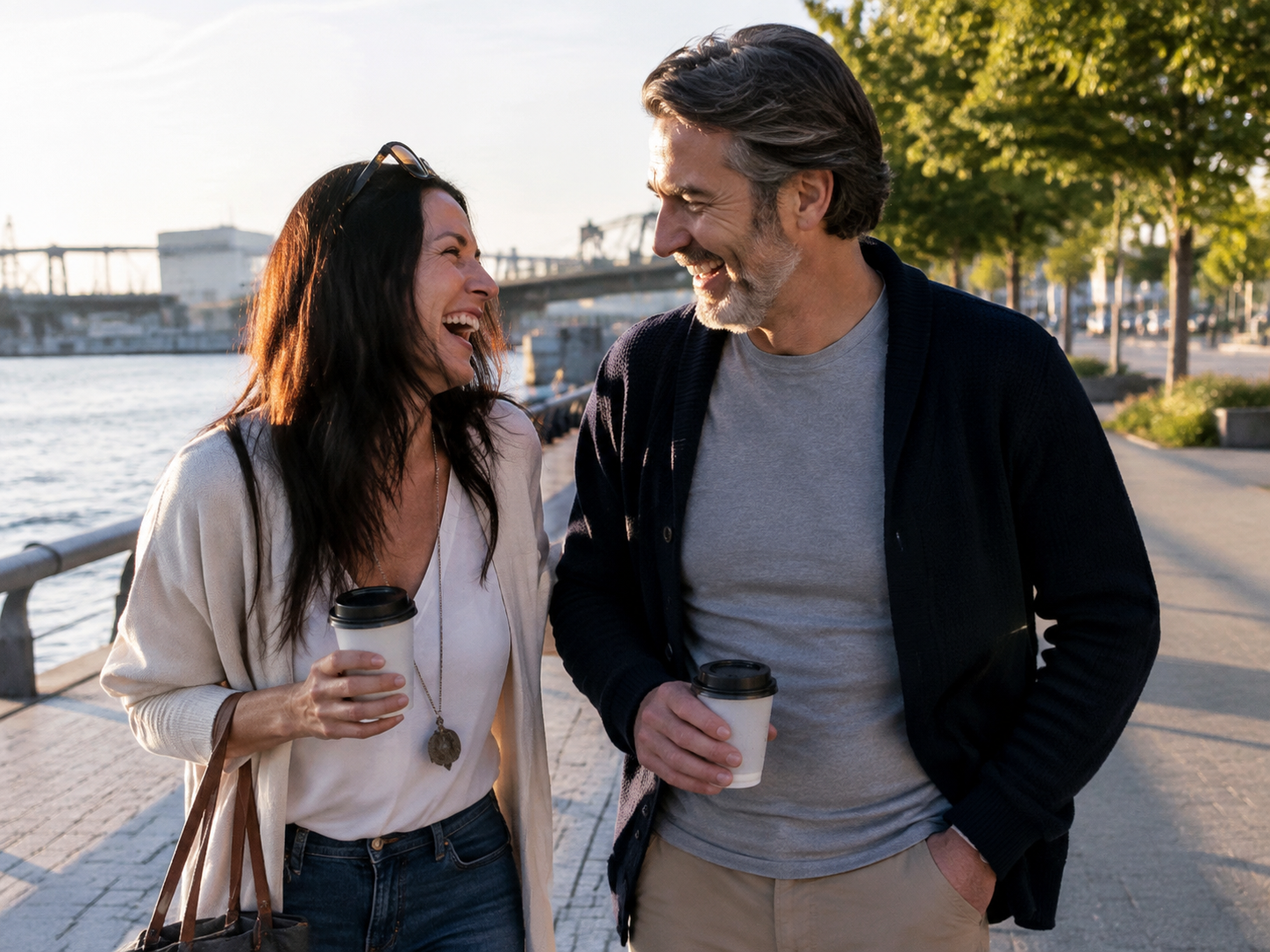 Adults laughing during a waterfront walking break
